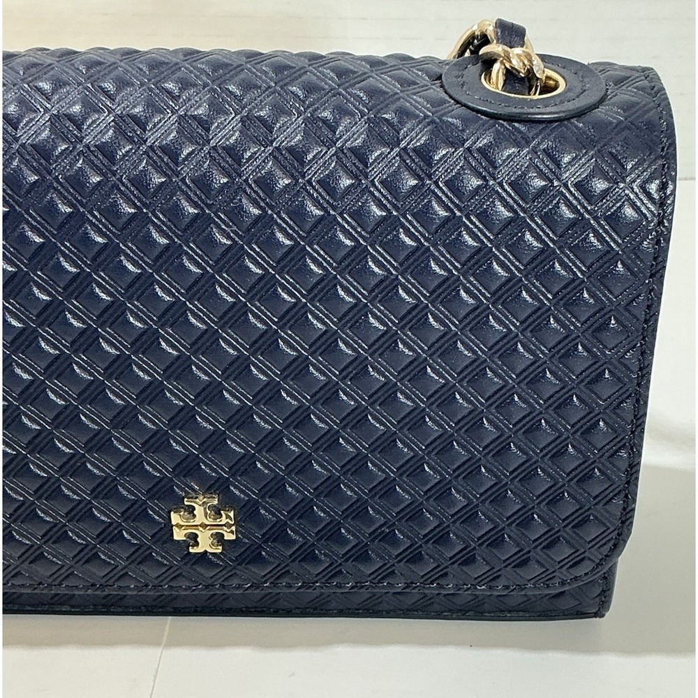 Tory Burch Marion Embossed Shrunken Shoulder Bag In Navy Mini Leather $295 - Picture 2 of 8